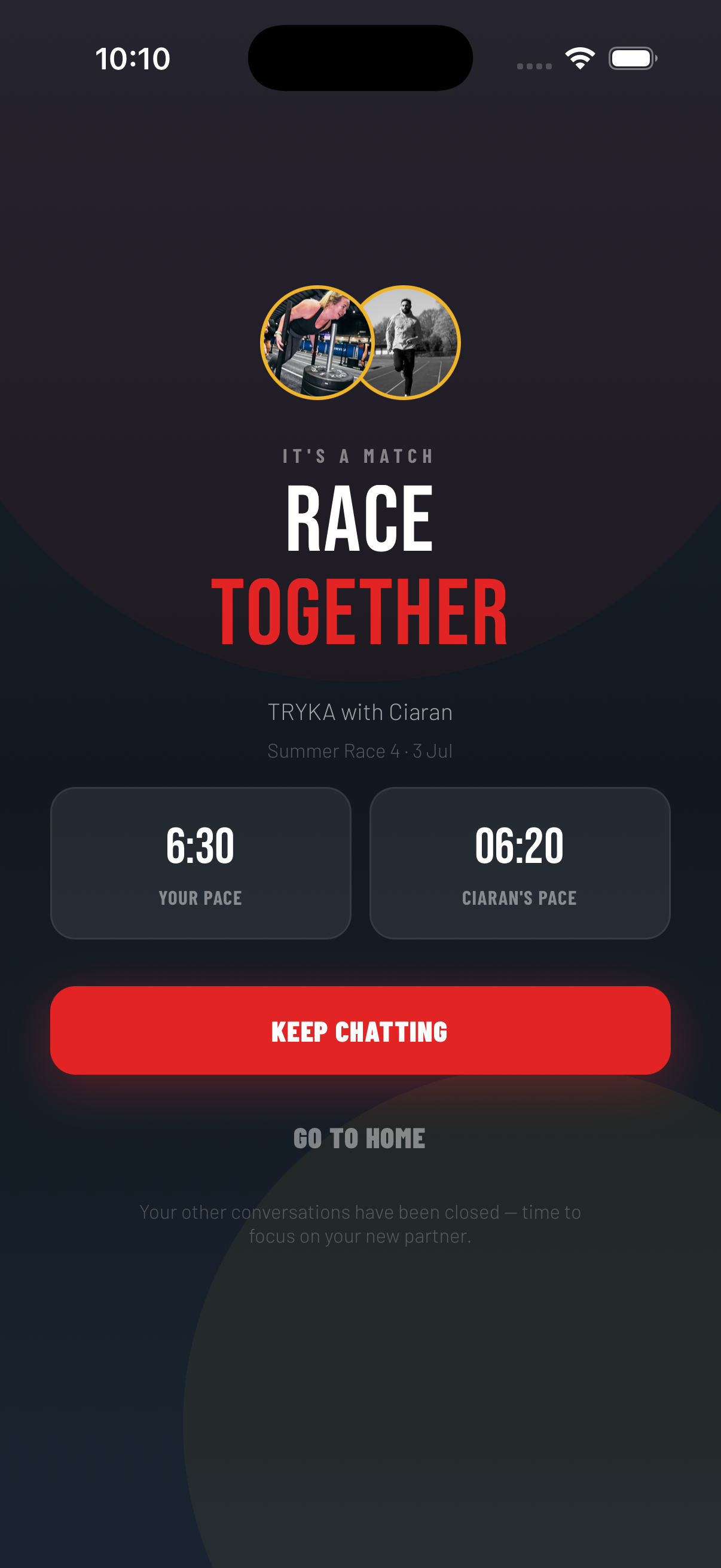 HyPair celebration screen — RACE TOGETHER with pace comparison after both athletes confirm