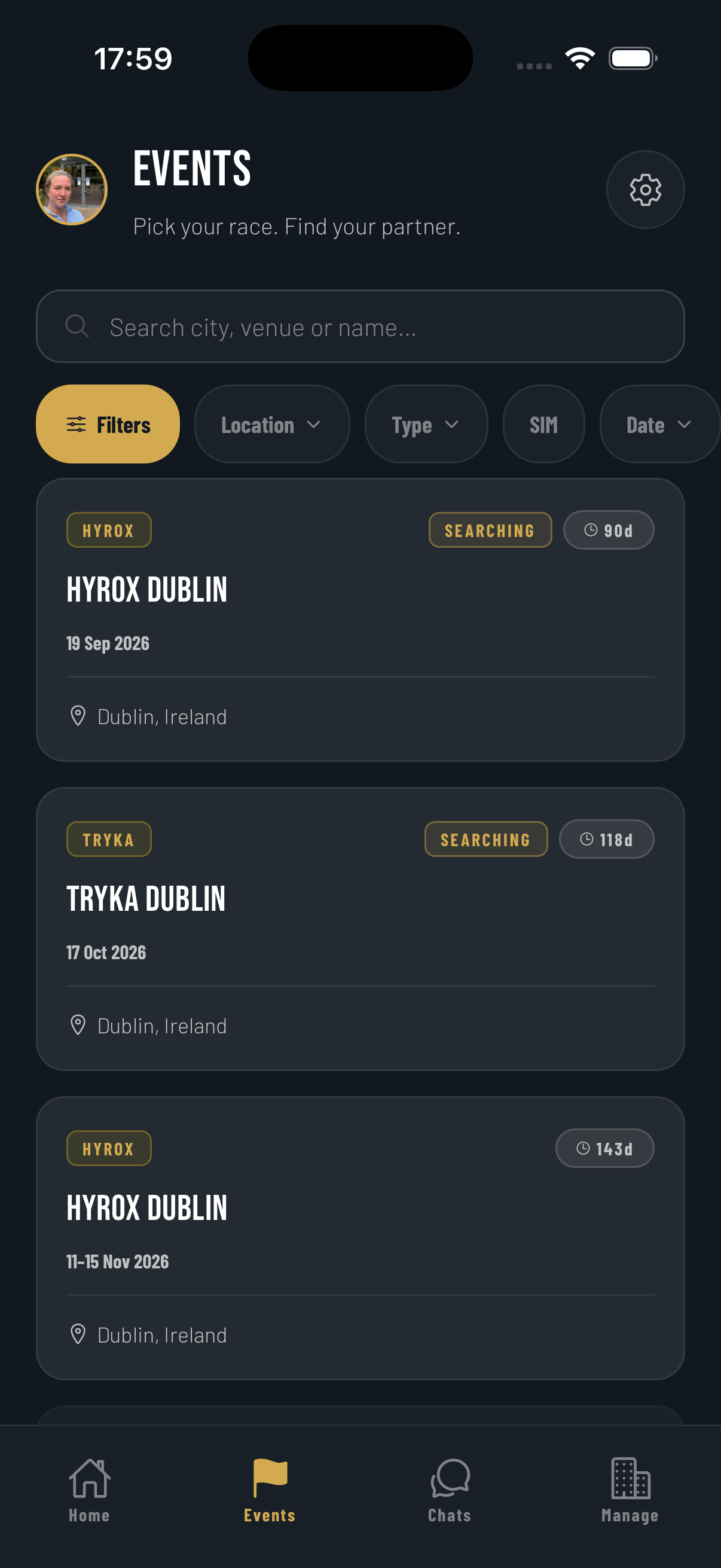 HyPair events screen listing HYROX and Tryka races with filter tabs