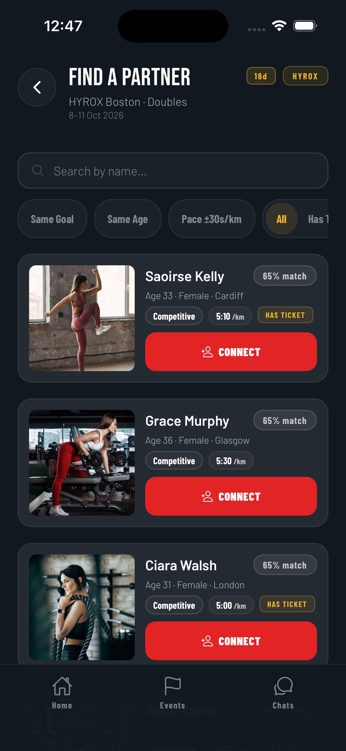 HyPair find a partner screen listing athletes with photo, match score, pace and ticket status